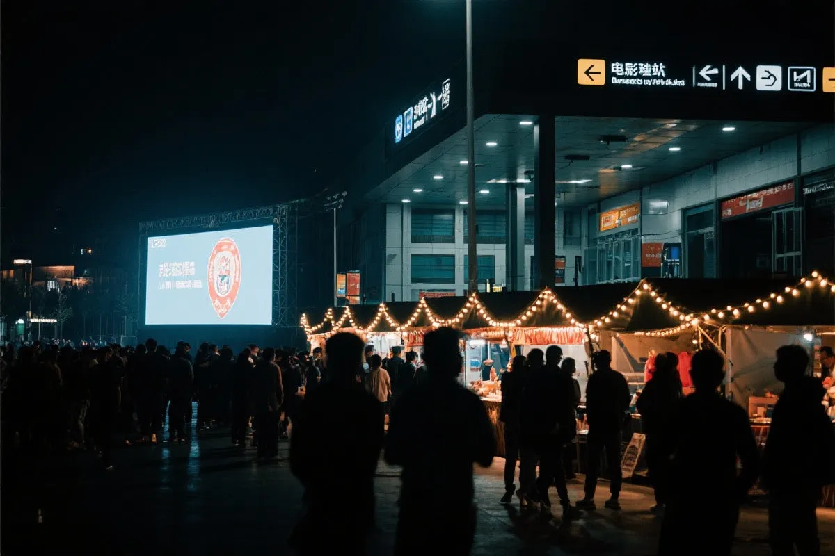 费城球迷广场夜景：大屏观赛人群、步行指示牌与公共交通入口
